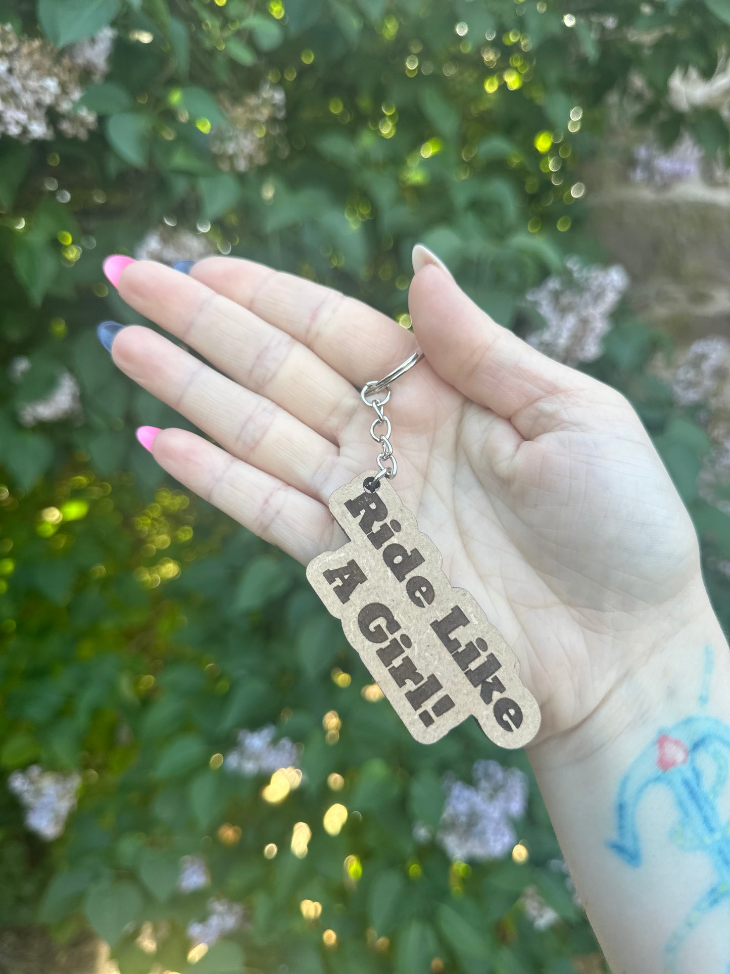 Ride Like a Girl Wooden Keyring Keychain