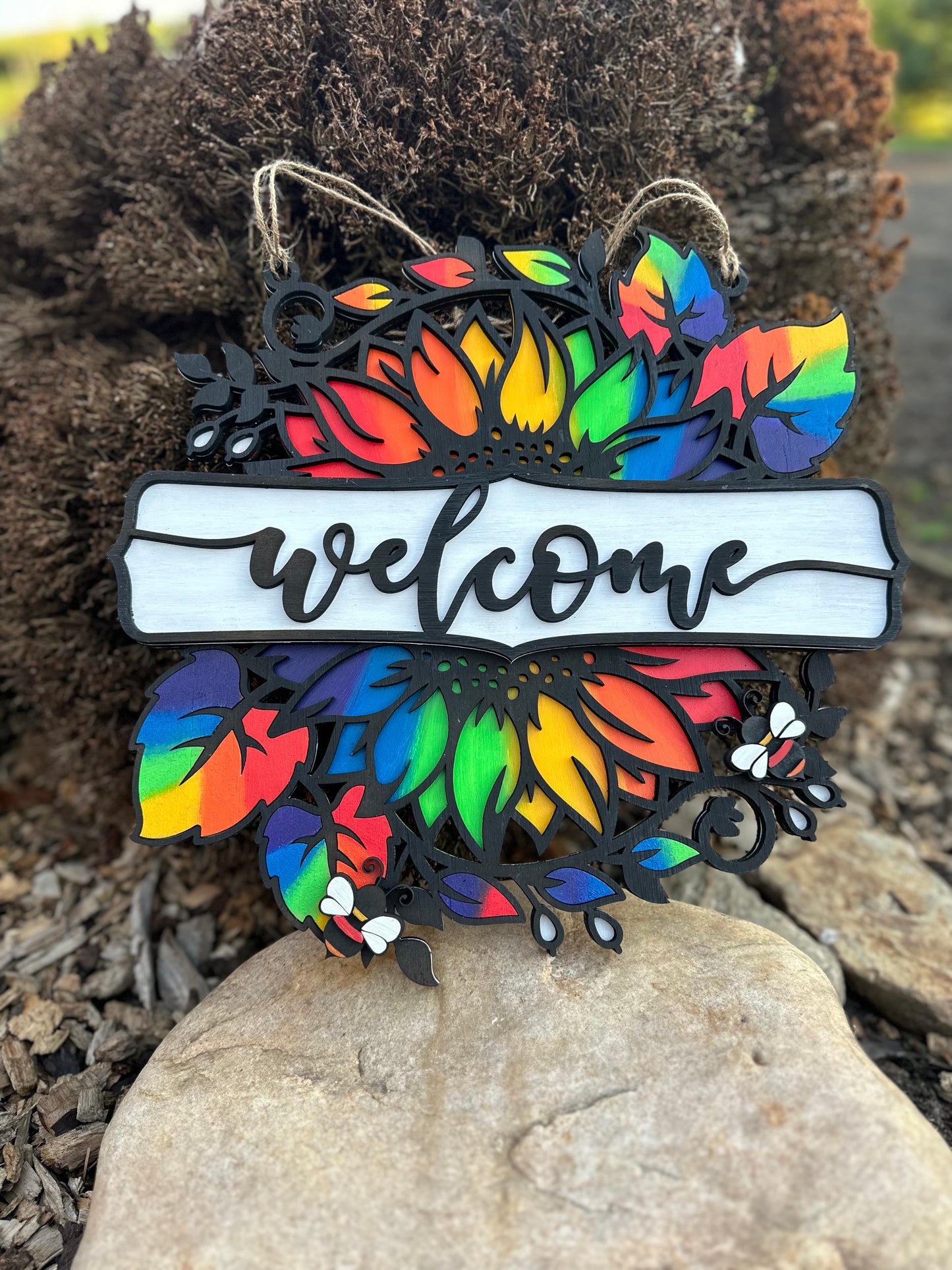 Rainbow Sunflower Wooden Sign with Bees