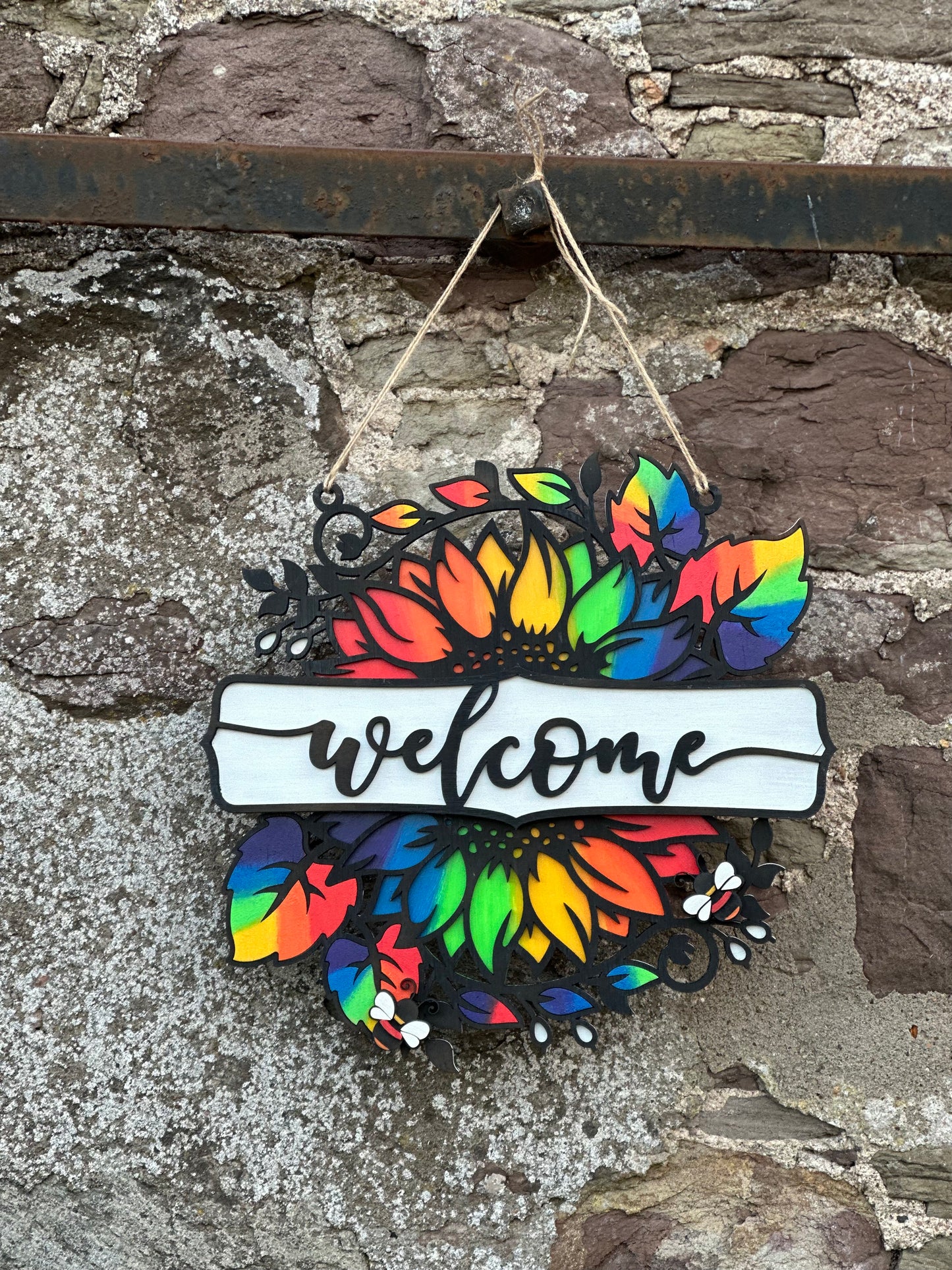 Rainbow Sunflower Wooden Sign with Bees