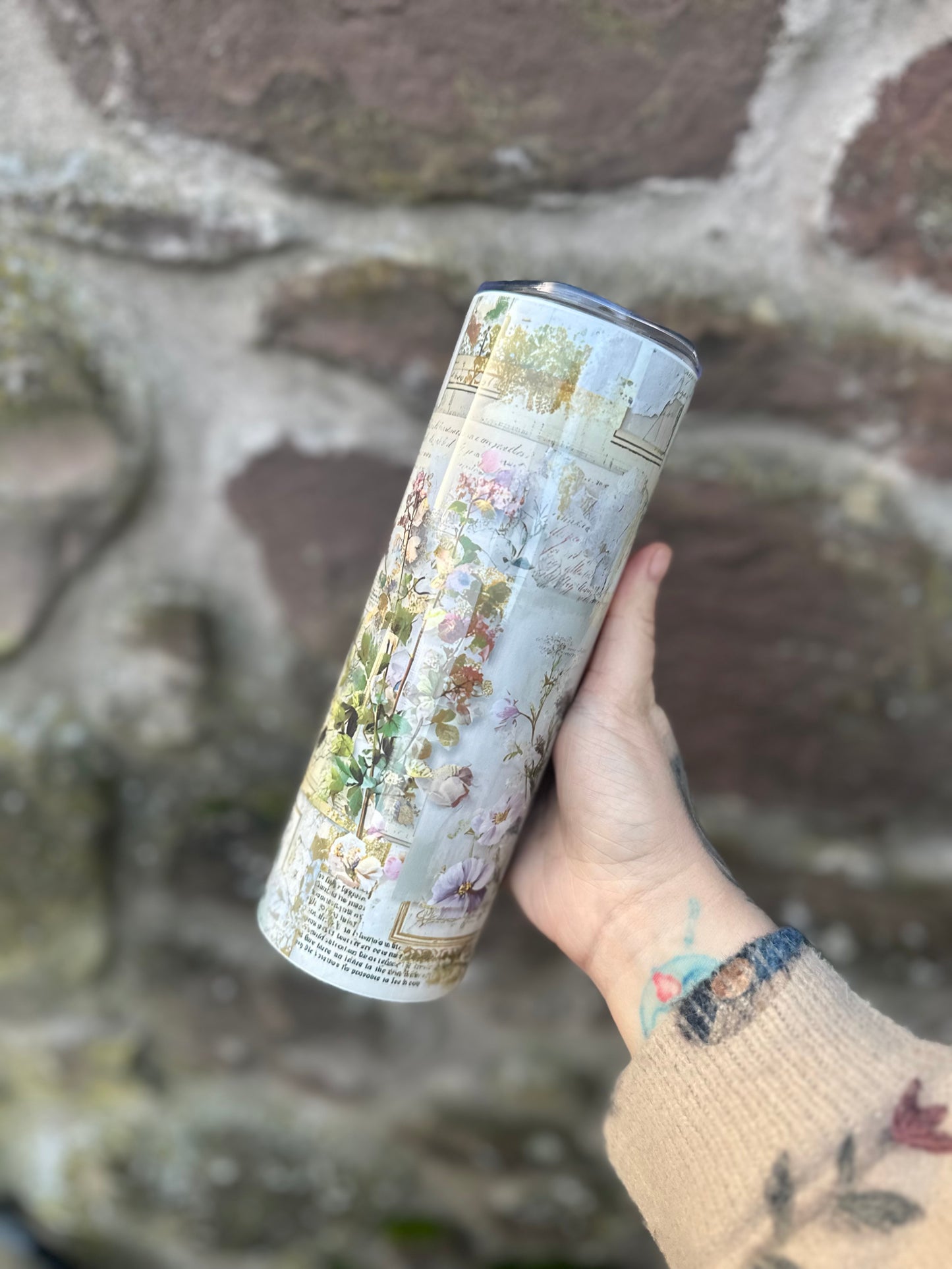 Vintage Botanical Journal Tumbler – Antique Floral Collage 20oz Skinny Cup