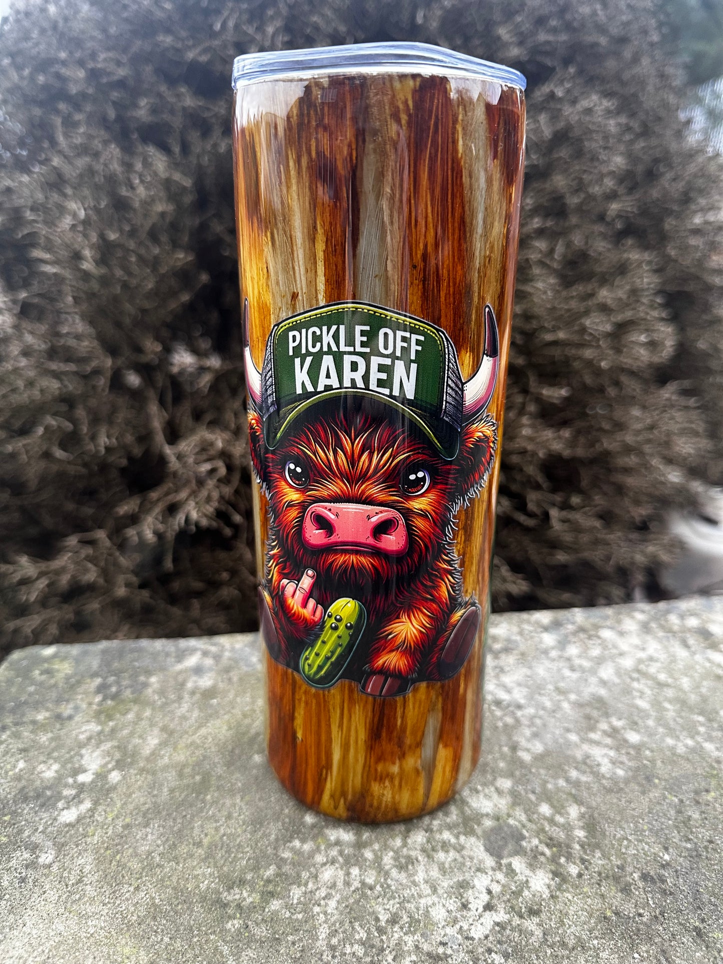 Highland Cow “Pickle Off Karen” Wood Grain Tumbler 20oz Skinny Cup