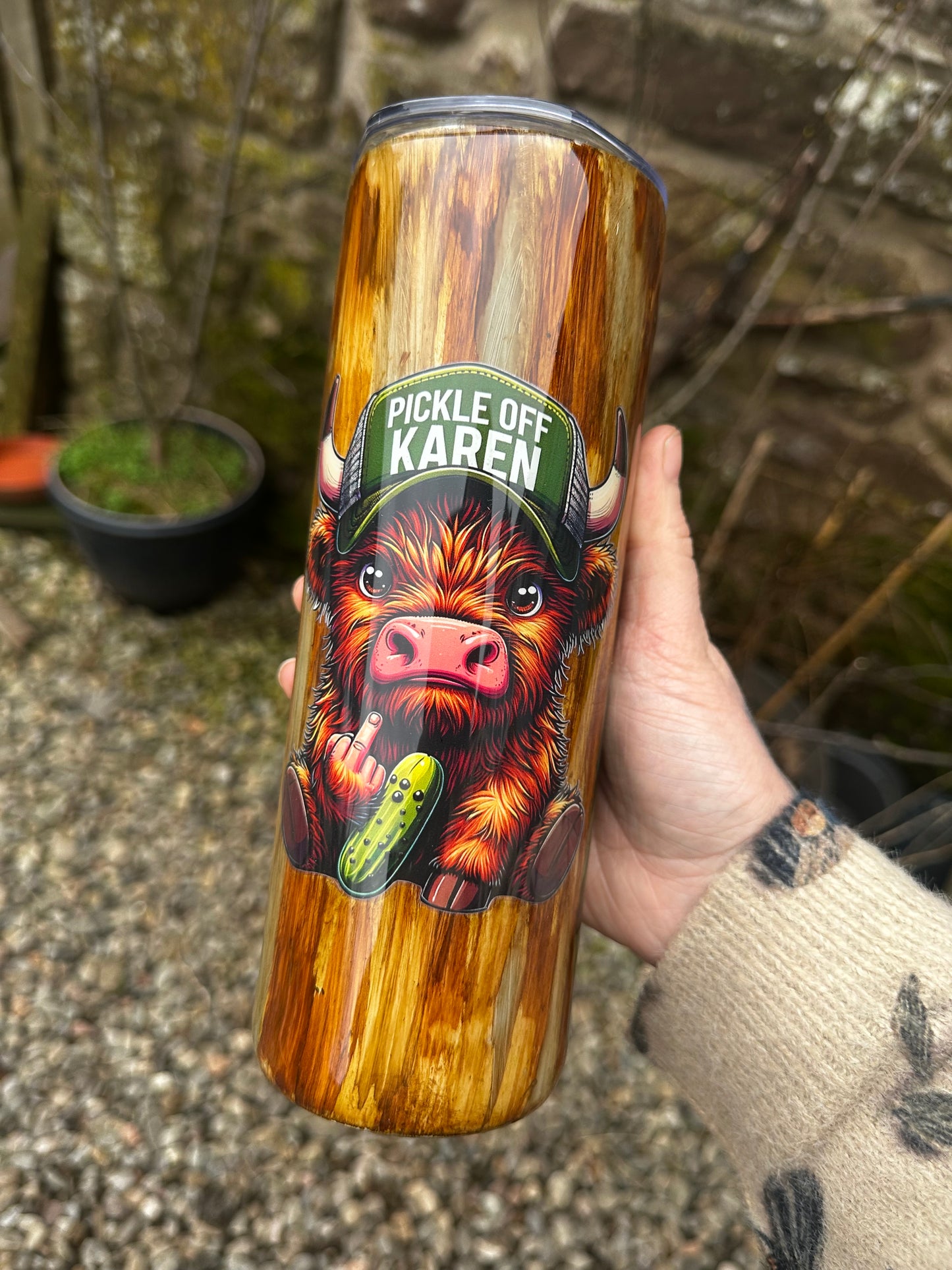 Highland Cow “Pickle Off Karen” Wood Grain Tumbler 20oz Skinny Cup
