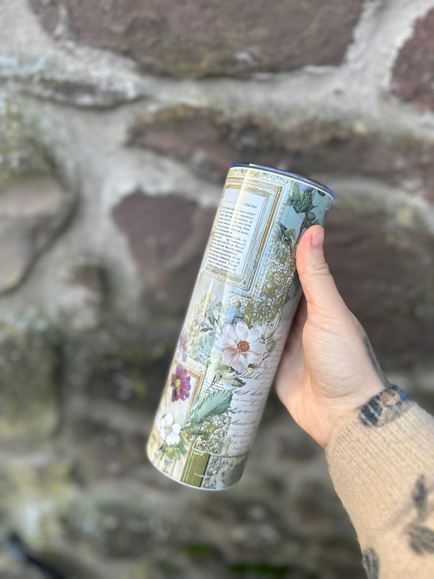 Vintage Botanical Journal Tumbler – Antique Floral Collage 20oz Skinny Cup