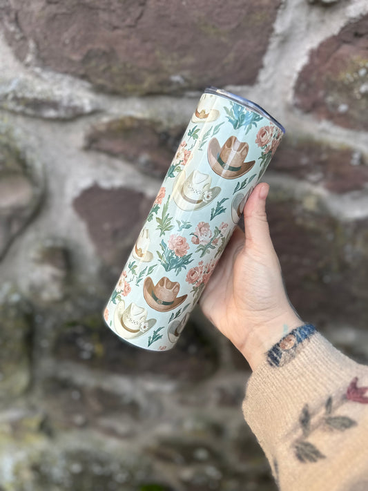 Wildflower Cowgirl Western Tumbler - Floral Cowboy Hat 20oz Skinny Cup