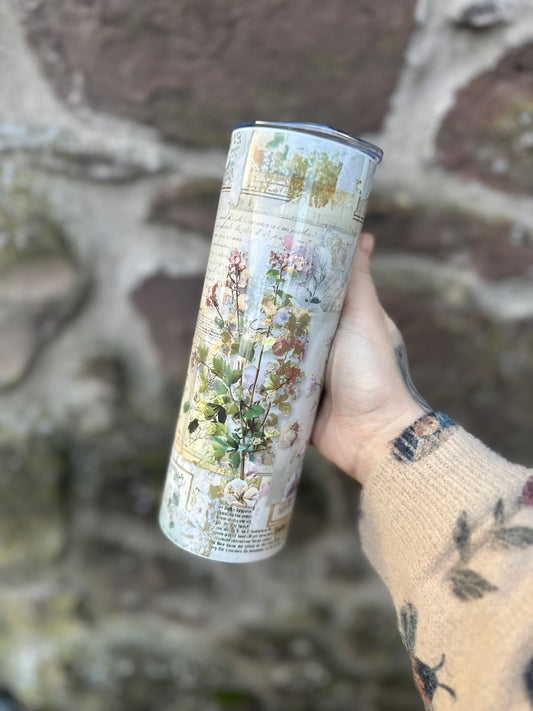 Vintage Botanical Journal Tumbler – Antique Floral Collage 20oz Skinny Cup