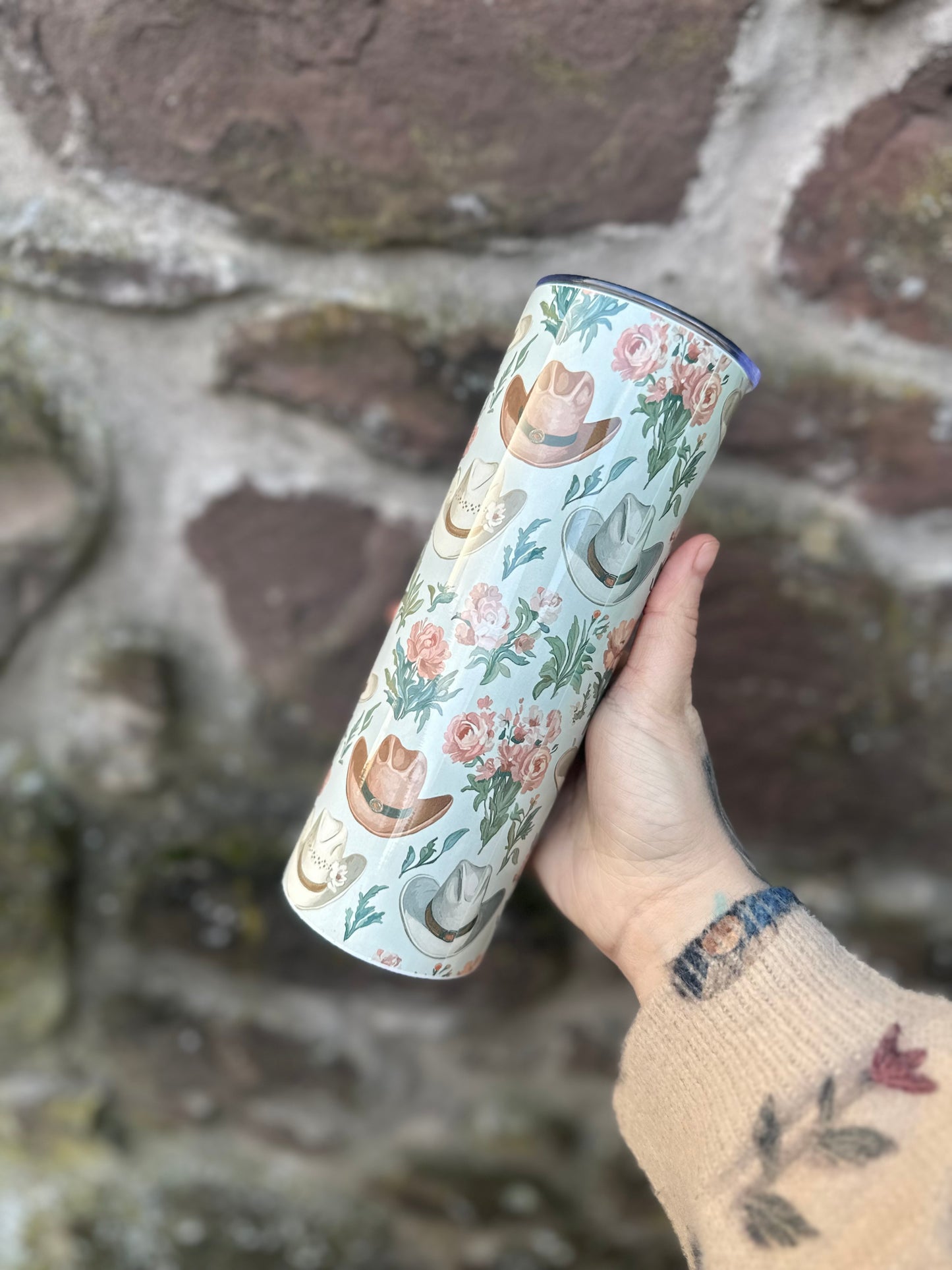 Wildflower Cowgirl Western Tumbler - Floral Cowboy Hat 20oz Skinny Cup